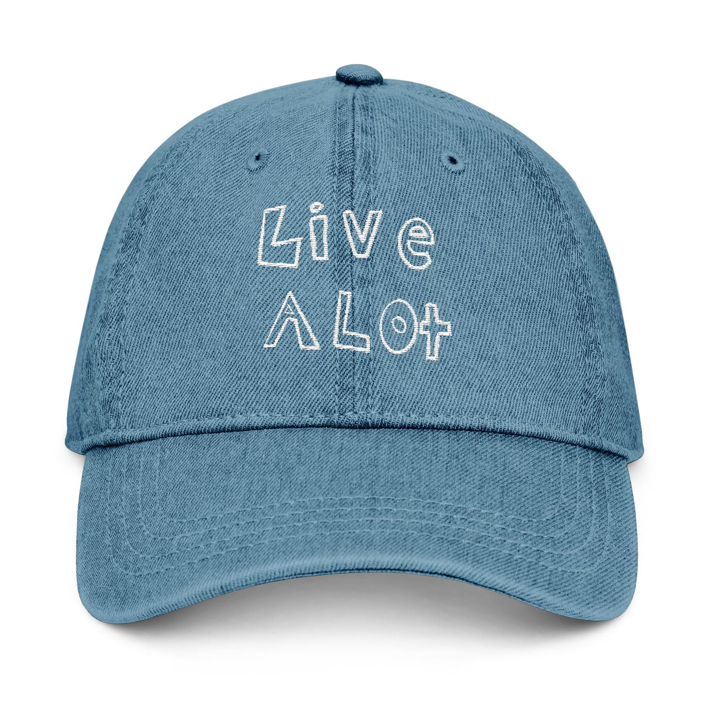 LIVE A LOT - Denim Dad Hat â White Embroidery
