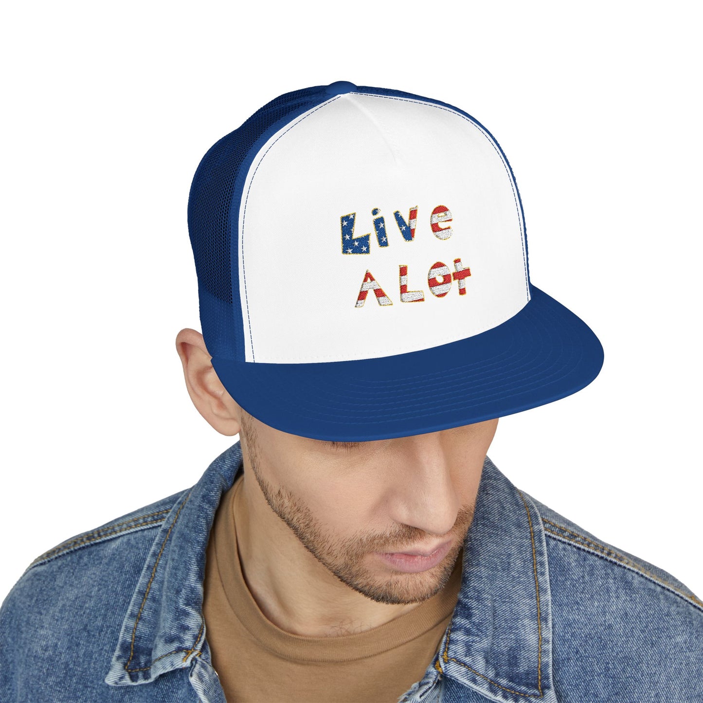 LIVE A LOT – American Flag Flat Bill Cap (Various Color Options)