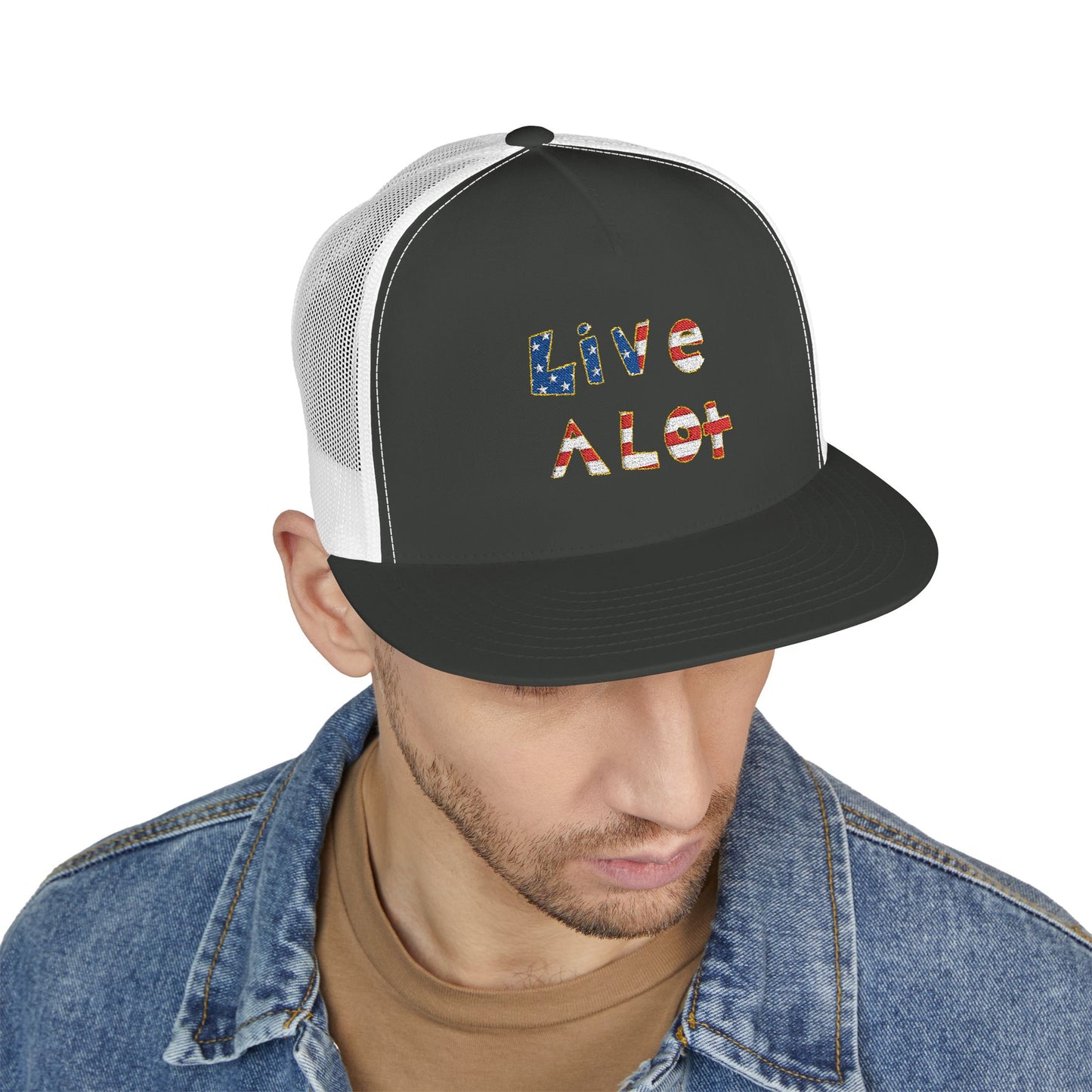 LIVE A LOT – American Flag Flat Bill Cap (Various Color Options)