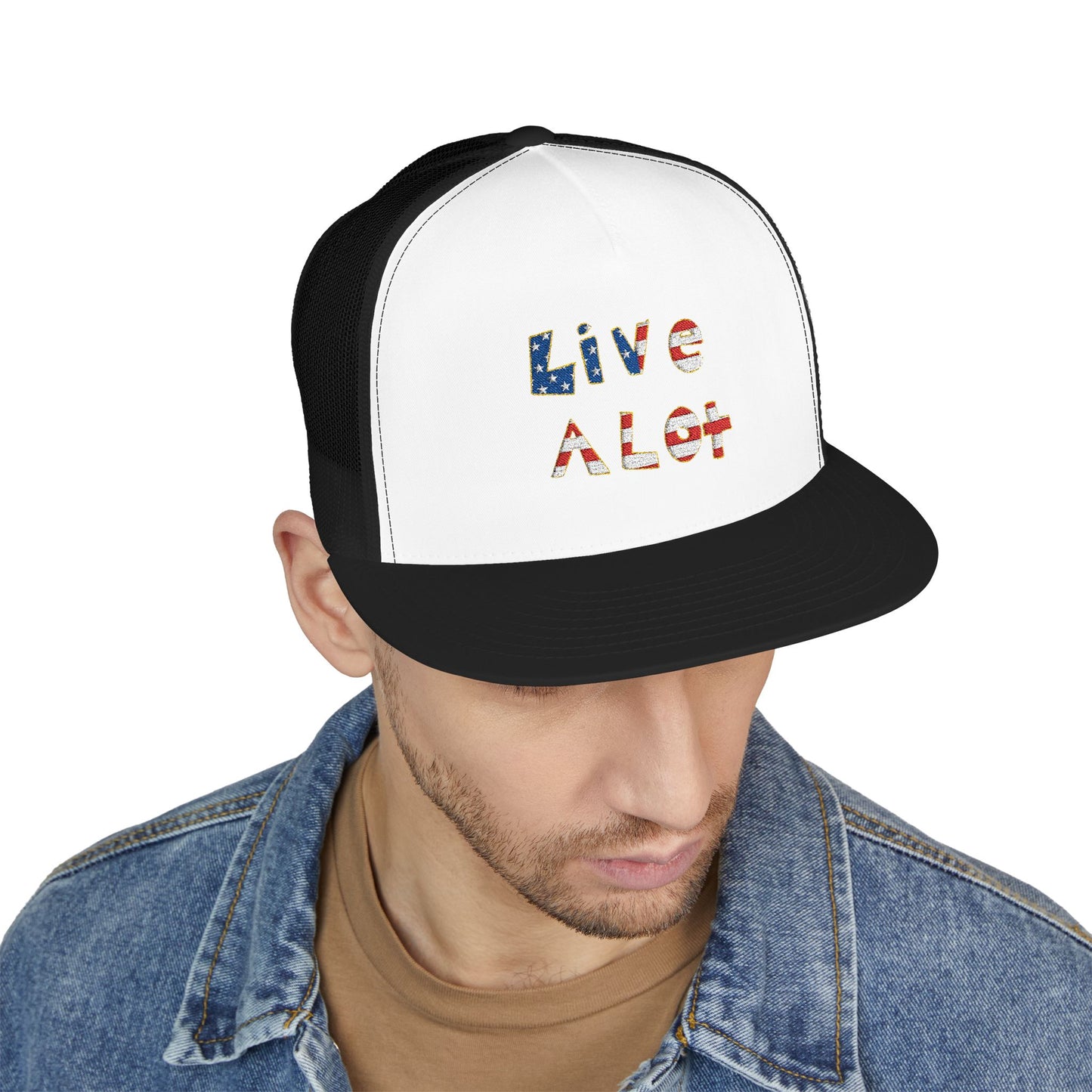 LIVE A LOT – American Flag Flat Bill Cap (Various Color Options)