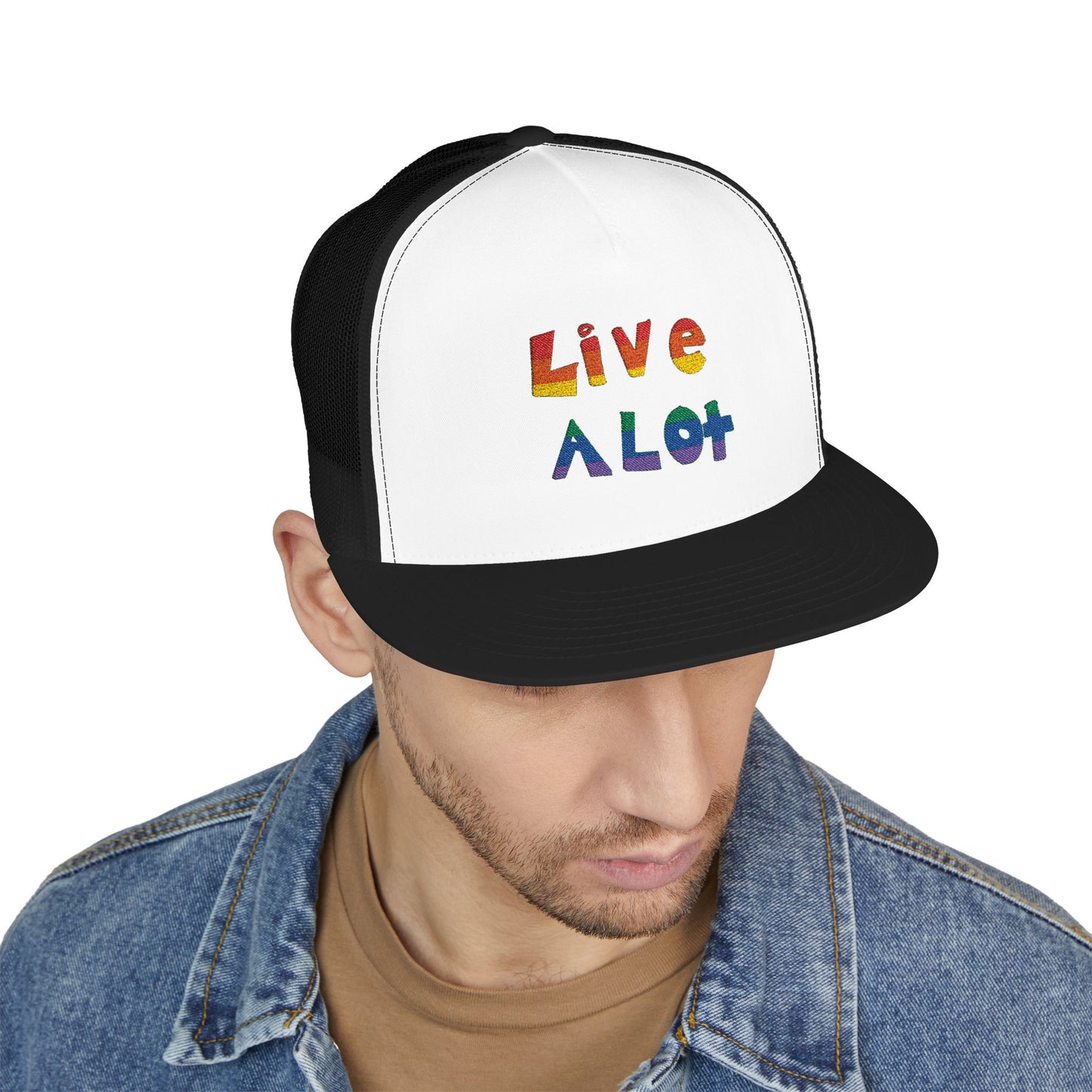 LIVE A LOT – Rainbow / Pride Edition Trucker Cap (multiple color options)