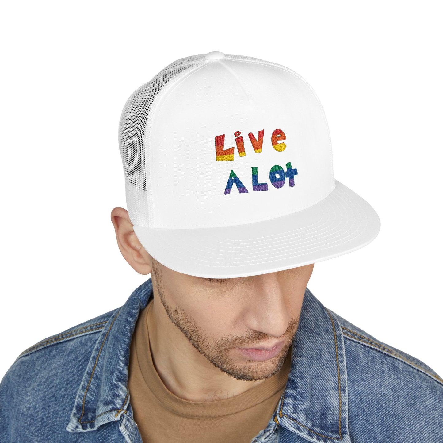 LIVE A LOT – Rainbow / Pride Edition Trucker Cap (multiple color options)