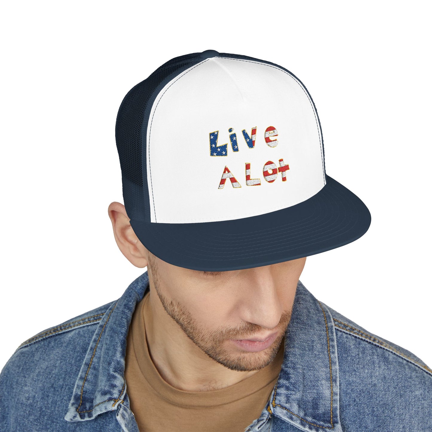 LIVE A LOT – American Flag Flat Bill Cap (Various Color Options)