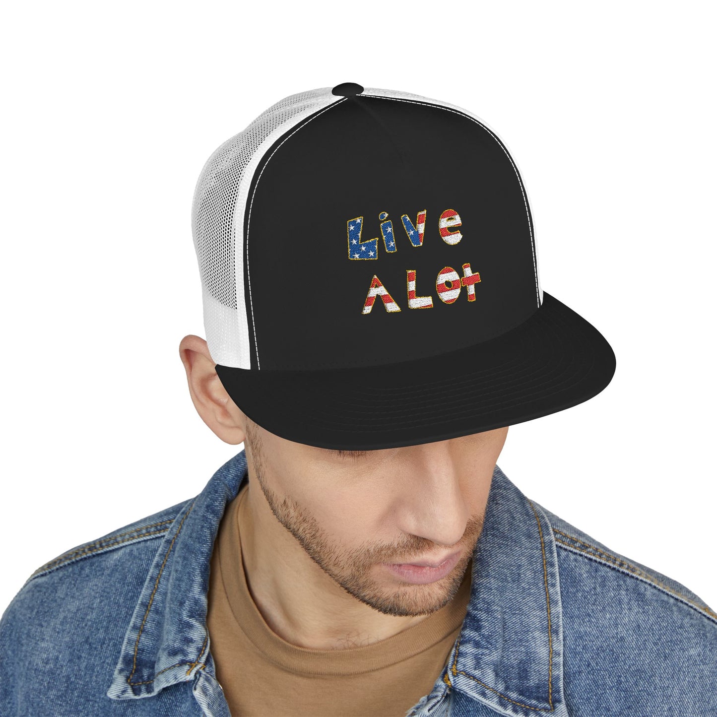 LIVE A LOT – American Flag Flat Bill Cap (Various Color Options)