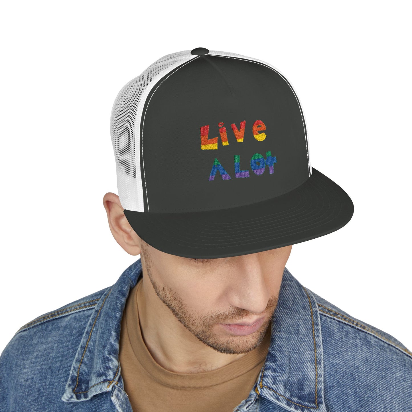 LIVE A LOT – Rainbow / Pride Edition Trucker Cap (multiple color options)
