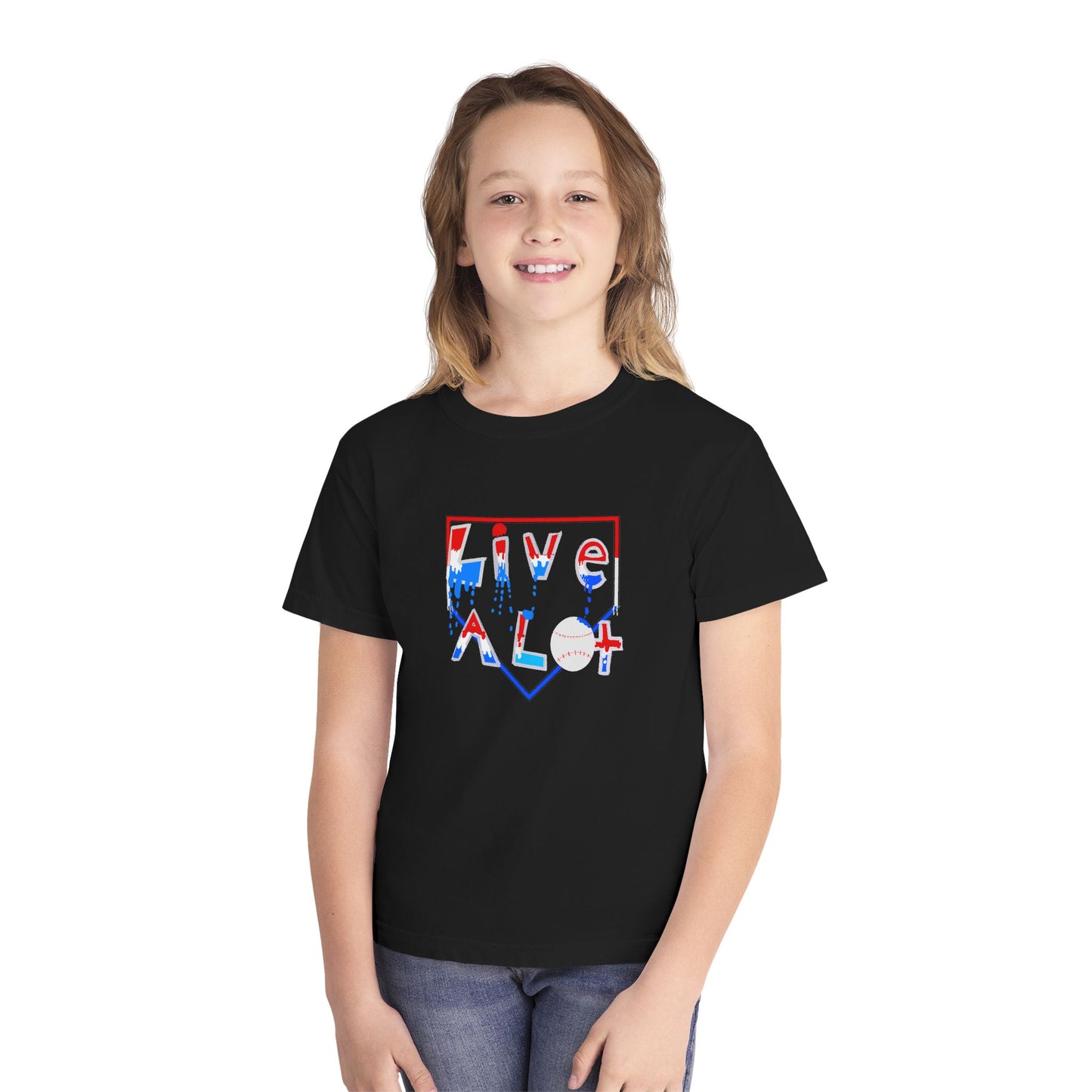 LIVE A LOT Kids Tee — Red, White & Blue (Home Plate Edition)