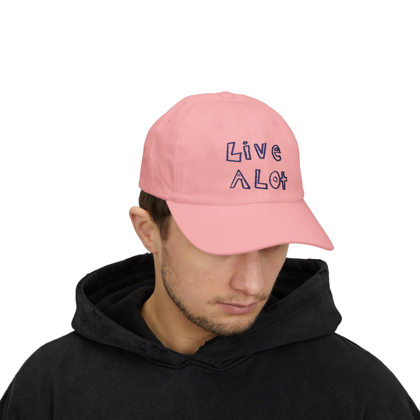 LIVE A LOT - Dad Cap – Pink Hat with Navy Blue Embroidery!