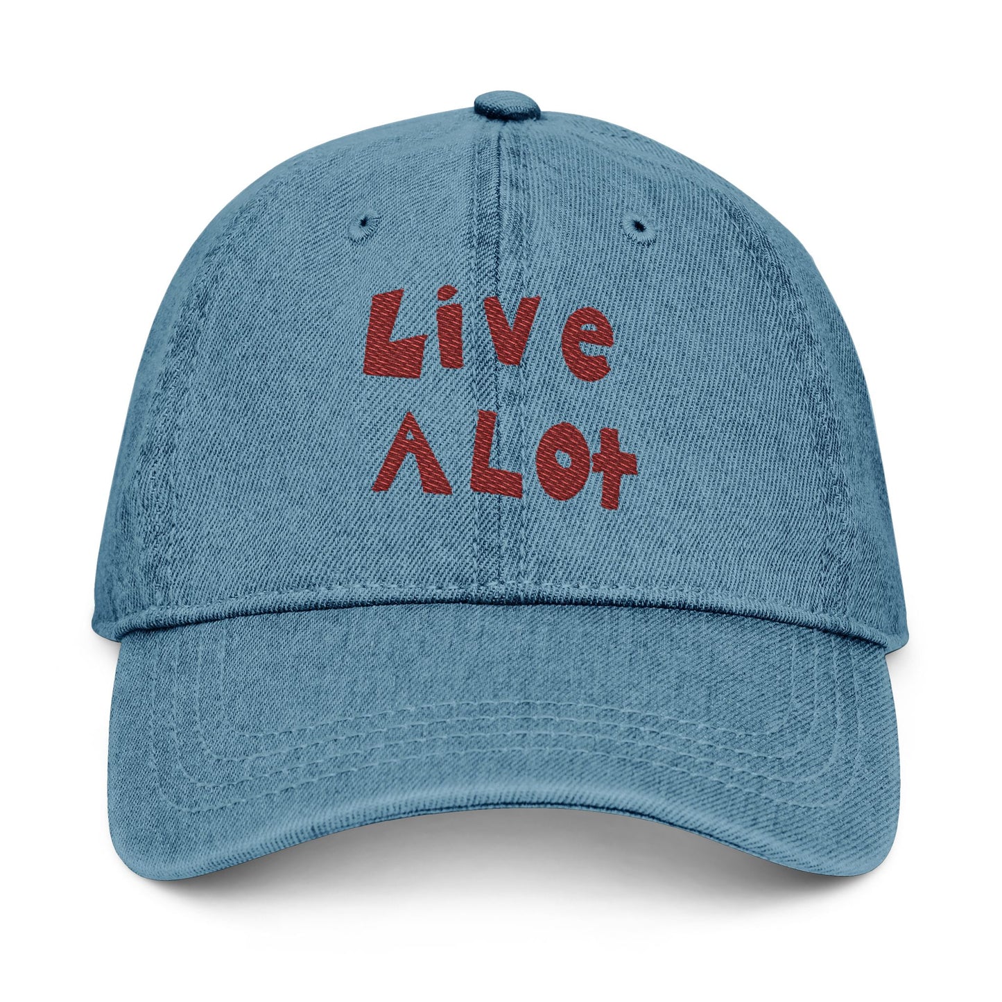 LIVE A LOT - Denim Dad Hat – Maroon Embroidery