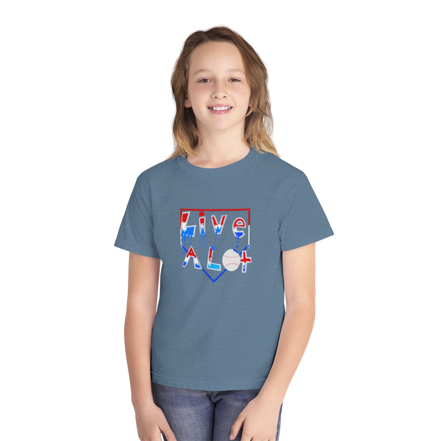 LIVE A LOT Kids Tee — Red, White & Blue (Home Plate Edition)