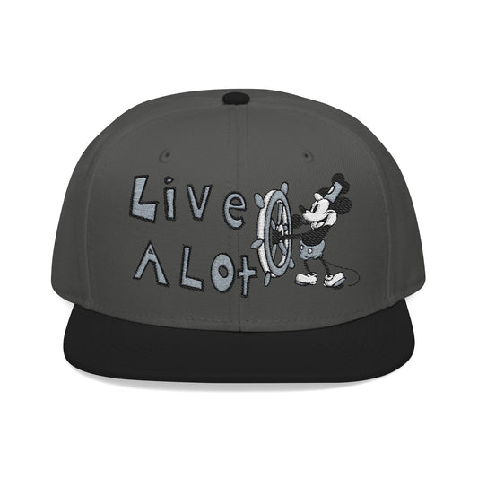 STEAMBOAT WILLIE INSPIRED - LIVE A LOT – Black & White Snapback Hat (Several Hat Color Options)