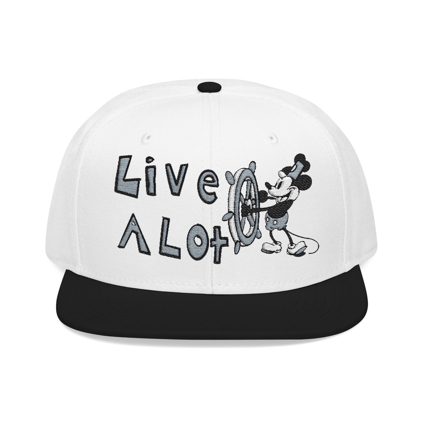 STEAMBOAT WILLIE INSPIRED - LIVE A LOT – Black & White Snapback Hat (Several Hat Color Options)