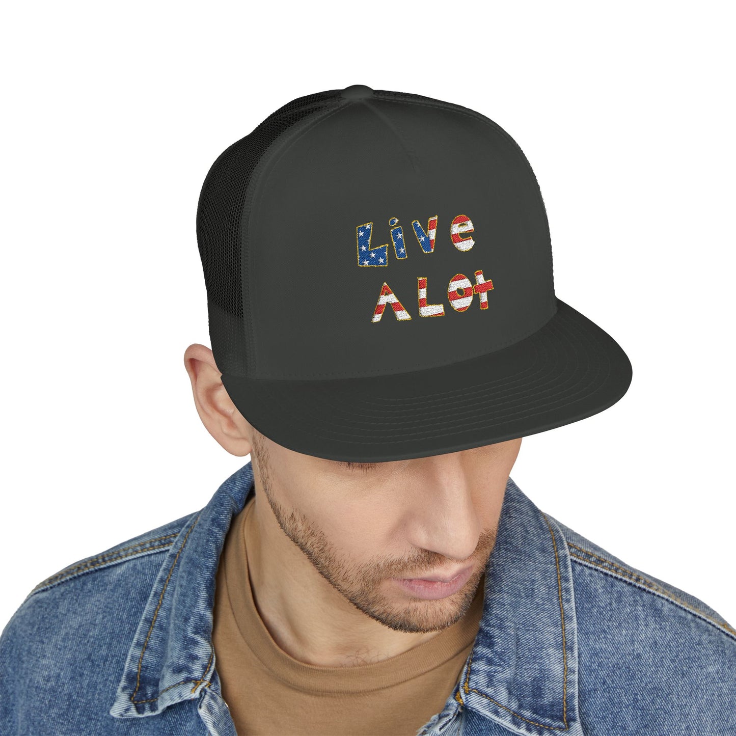 LIVE A LOT – American Flag Flat Bill Cap (Various Color Options)