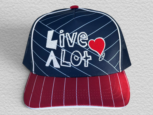 LIVE A LOT — Red, White & Blue Pinstripe Trucker Hat...