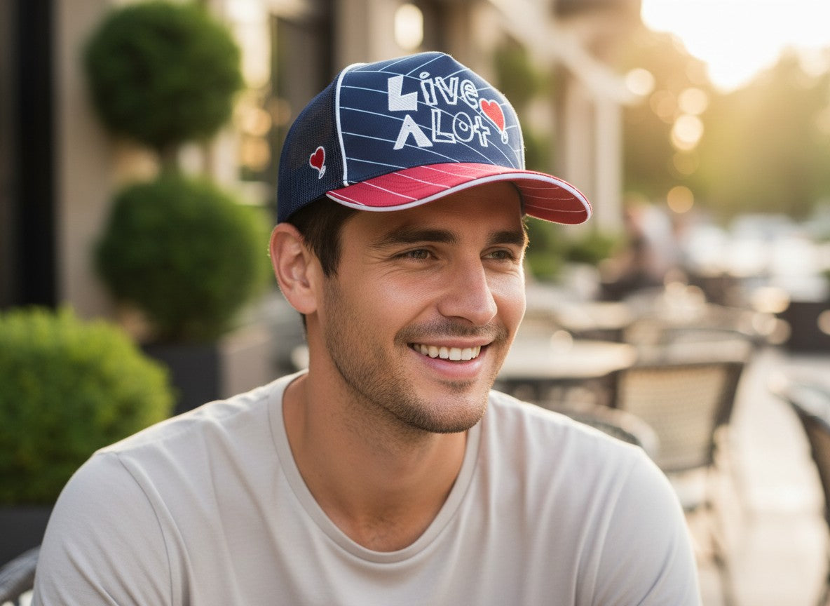 LIVE A LOT — Red, White & Blue Pinstripe Trucker Hat...