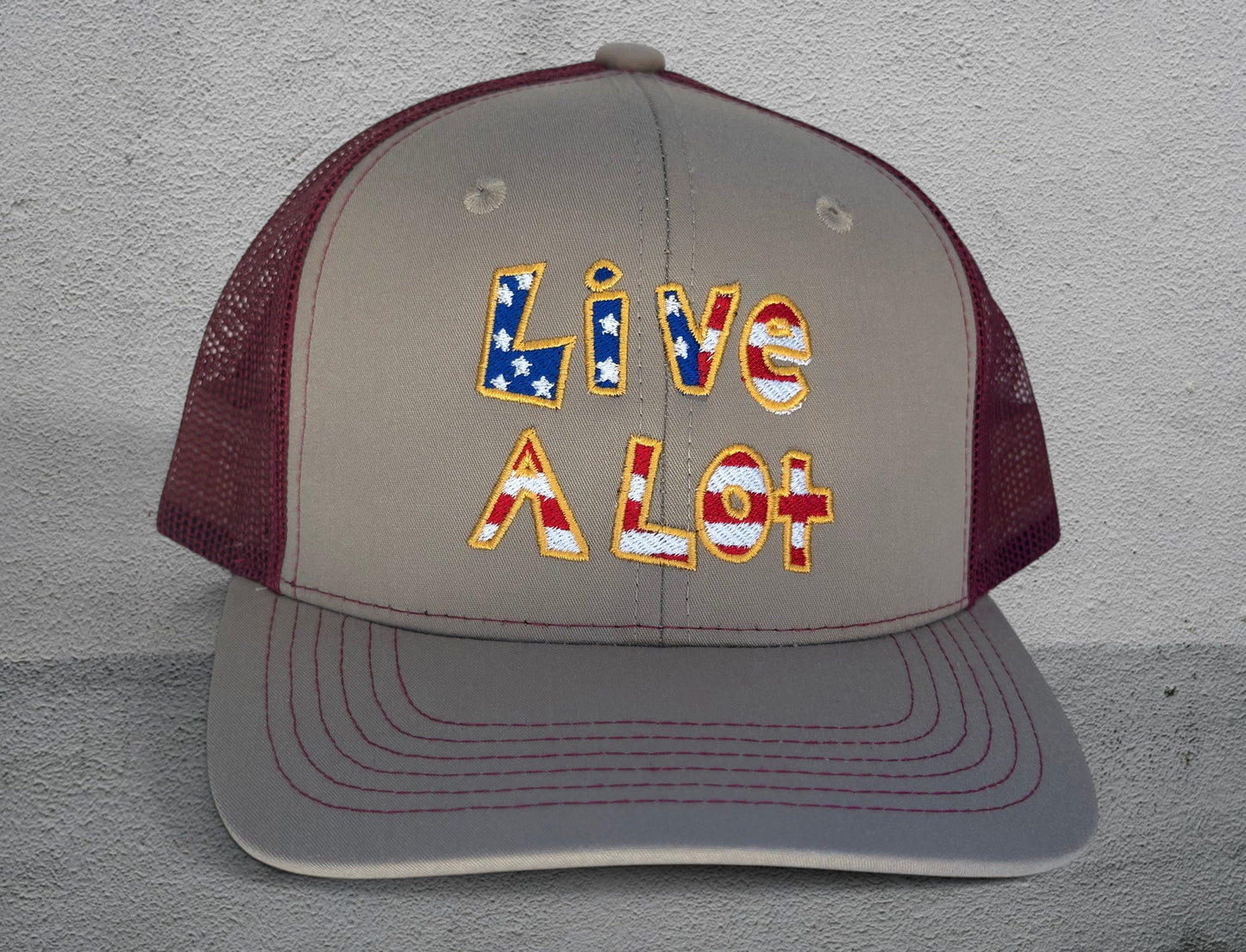 Live A Lot™ USA Trucker Hat – Stone &amp; Cardinal