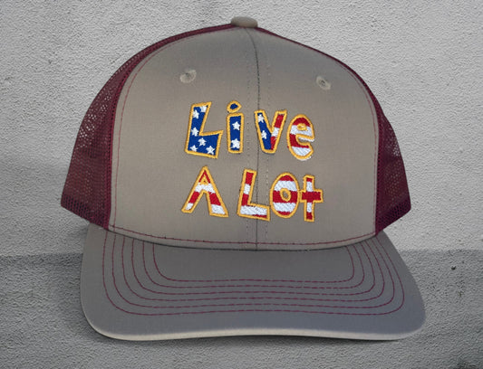 Live A Lot™ USA Trucker Hat – Stone &amp; Cardinal