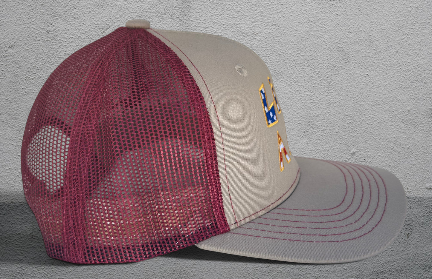 Live A Lot™ USA Trucker Hat – Stone &amp; Cardinal