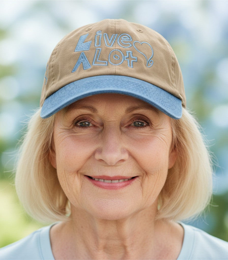 LIVE A LOT — Vintage Tan &amp; Denim Dad Cap