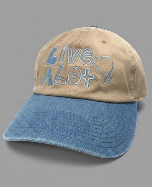 LIVE A LOT — Vintage Tan &amp; Denim Dad Cap